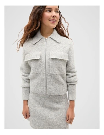 Boucle Zip Up Knit in Light Grey Marle