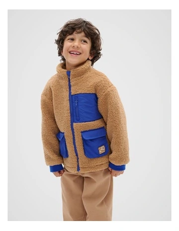 Colourblock Teddy Jacket in Brown