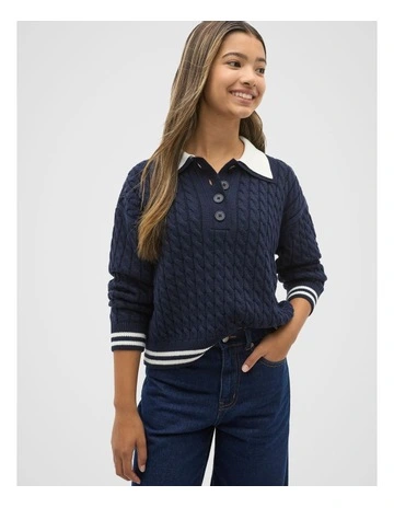Cable Collar Knit Sweater in New Navy