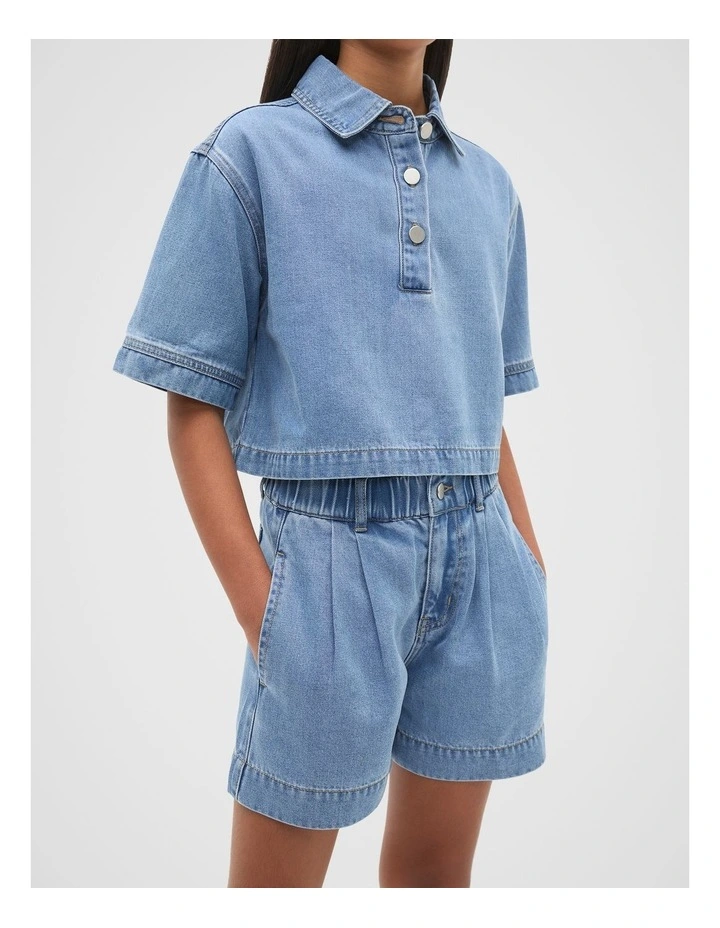 Pleat Denim Short in Mid Wash image 4