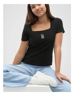 Square Neck Logo Rib Tee in Black
