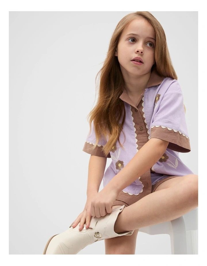 Spliced Embroidered Shirt in Lavender image 3