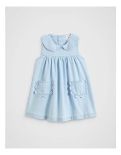Scallop Pocket Dress in Powder Blue Wash