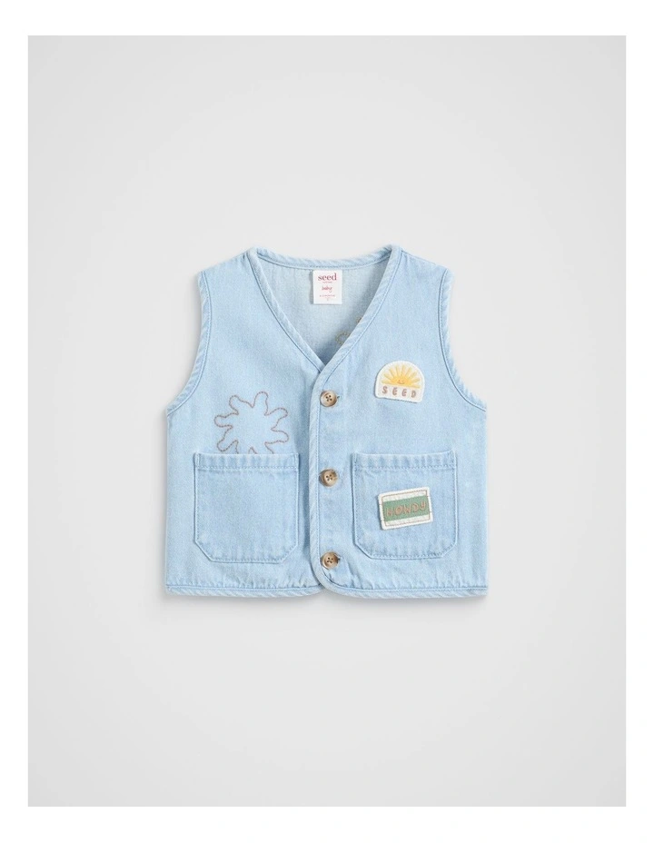 Patched Denim Vest in Light Wash image 1