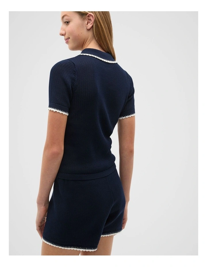 Knit Polo Top in Blue image 2