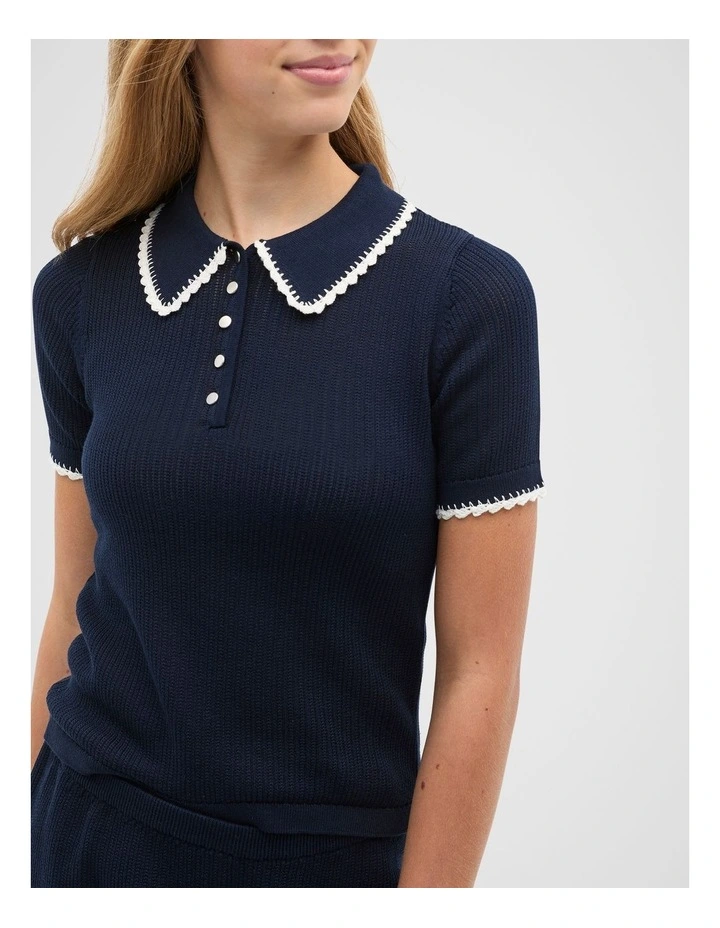 Knit Polo Top in Blue image 3