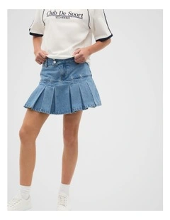 Pleat Denim Skort in Blue
