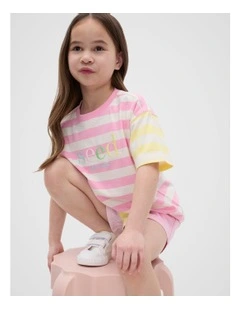 Stripe Colourblock Logo Tee in Candy Pink Stripe