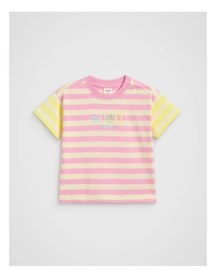 Stripe Colourblock Logo Tee in Candy Pink image 1