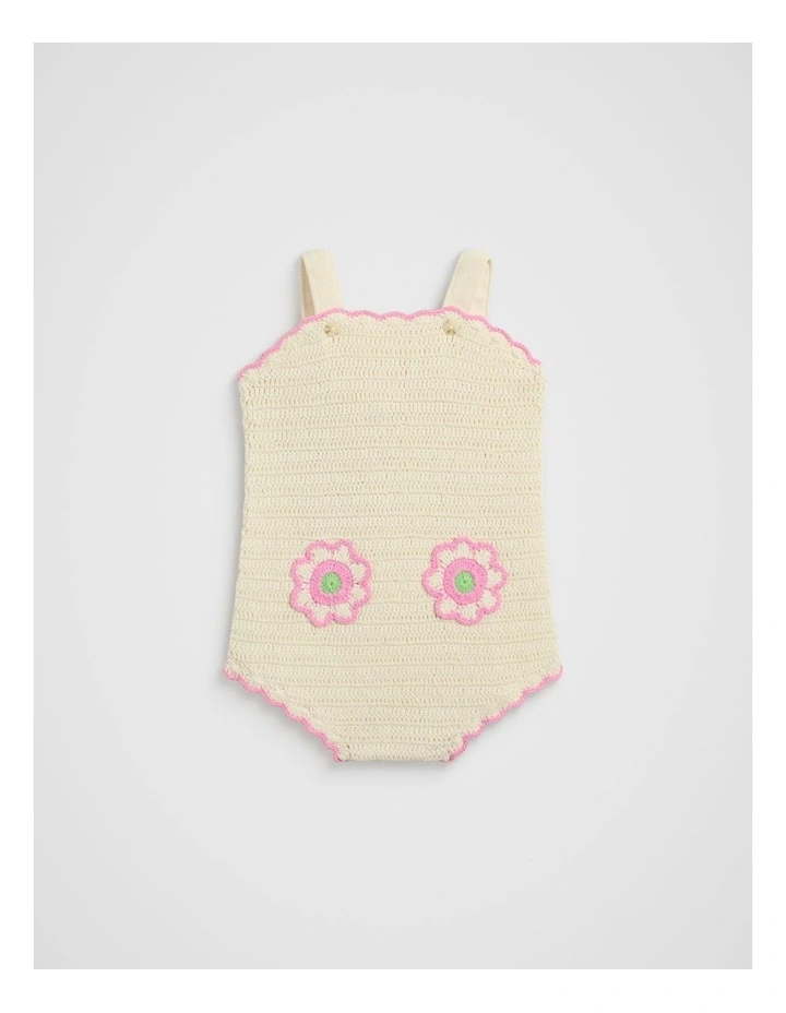 Floral Crochet Romper in Cream image 1