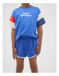 Panelled Retro Logo Tee in Azure Blue