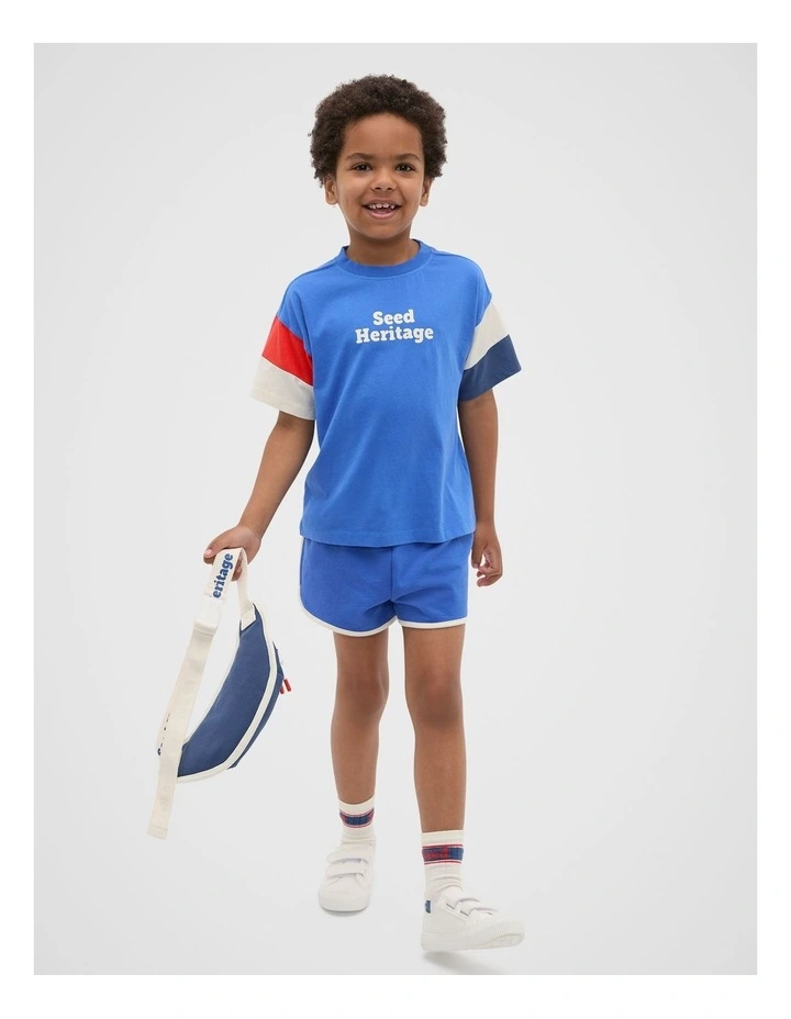 Panelled Retro Logo Tee in Azure Blue image 3