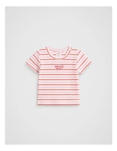 Stripe Logo Rib Tee in Candy Pink Multi