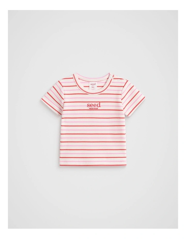 Stripe Logo Rib Tee in Candy Pink Multi image 1