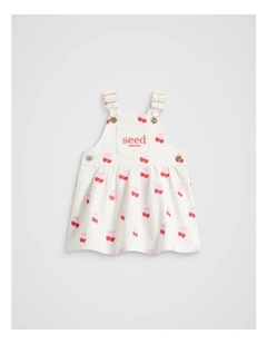 Embroidered Denim Pinafore Dress in White