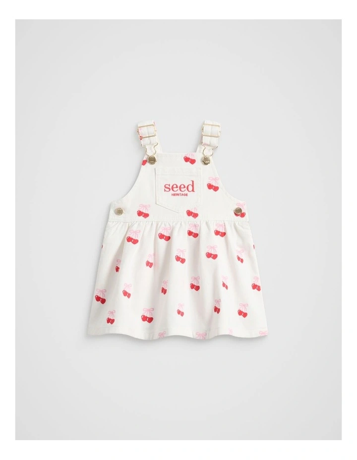 Embroidered Denim Pinafore Dress in White image 1