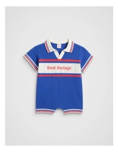 Logo Knit Romper in Azure Blue