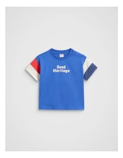 Panelled Retro Logo Tee in Azure Blue