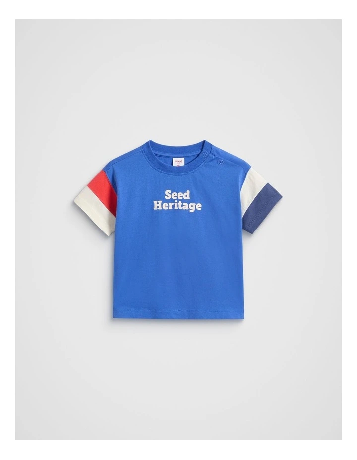 Panelled Retro Logo Tee in Azure Blue image 1