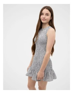 Shirred Check Dress in Grey Check