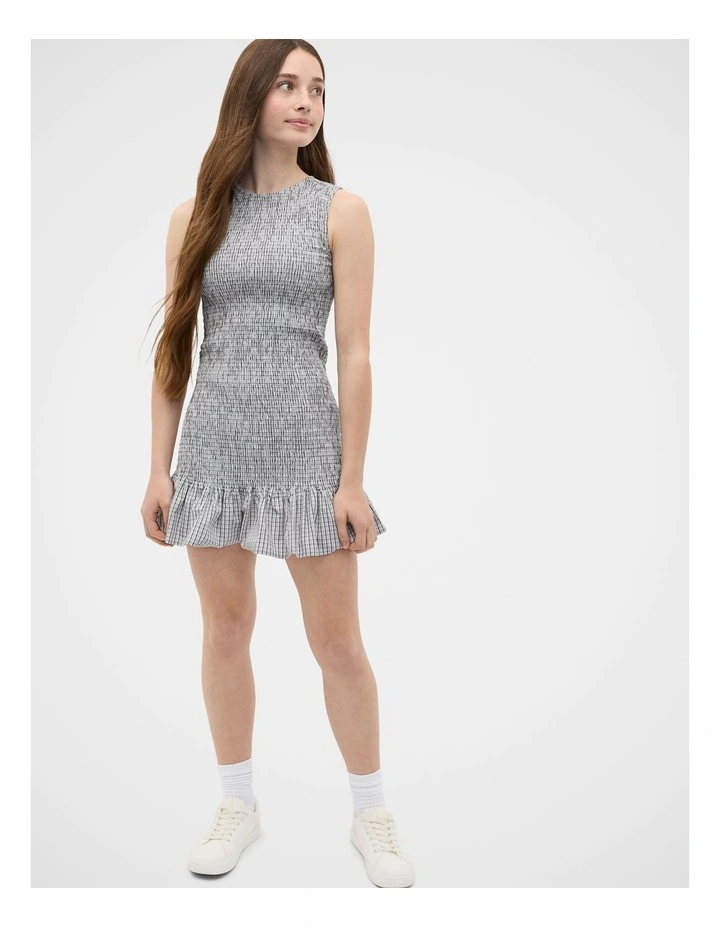 Shirred Check Dress in Grey Check image 4