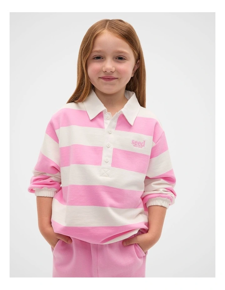 Striped Collar Logo Sweat in Candy Pink image 1