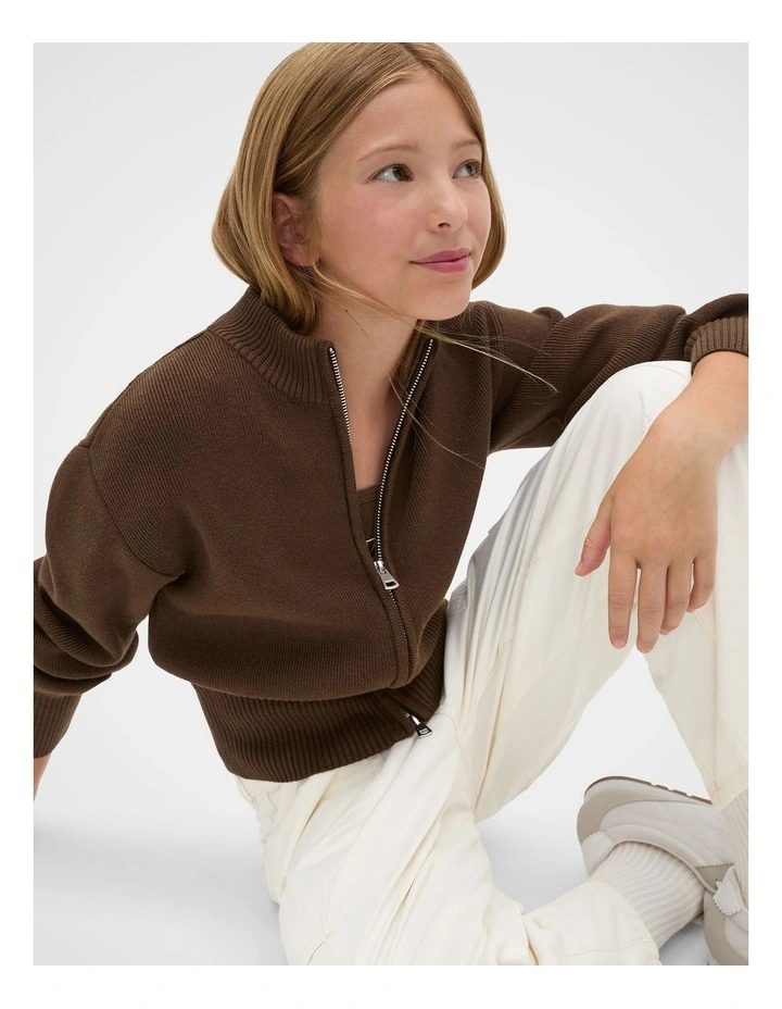 Zip Through Knit Cardigan in Brown image 1