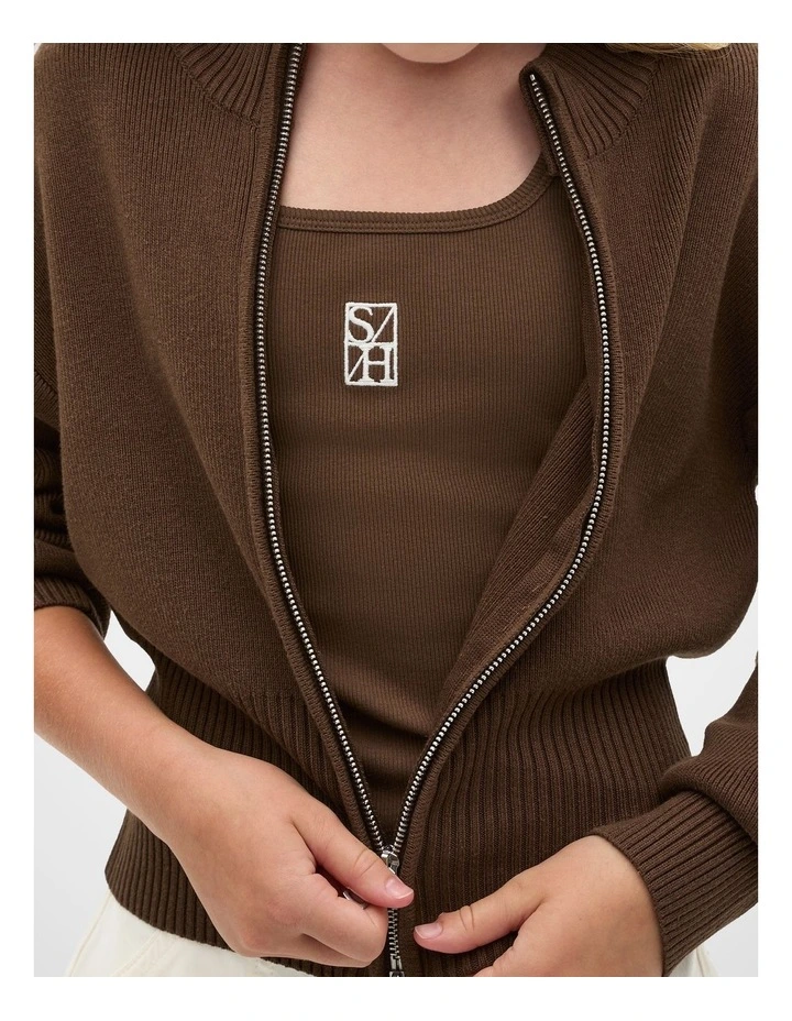 Zip Through Knit Cardigan in Brown image 3