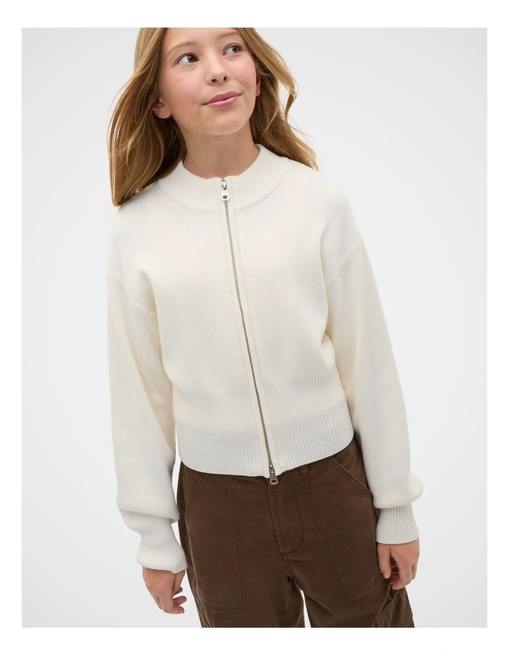 Zip Through Knit Cardigan in Cream image 1