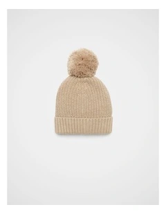 Knitted Pompom Beanie in Nutmeg Marle