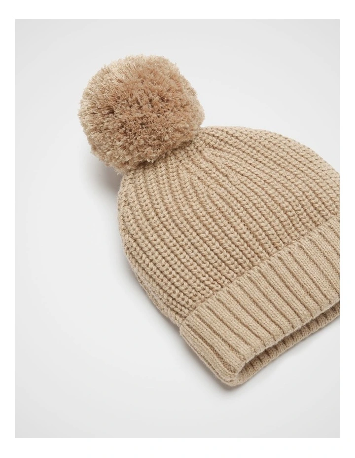 Knitted Pompom Beanie in Nutmeg Marle image 2
