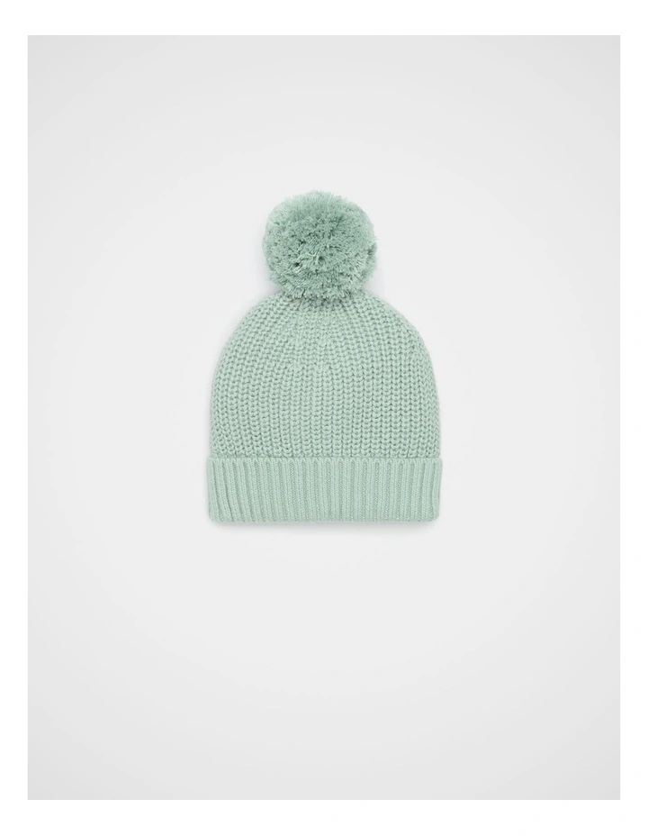 Knitted Pompom Beanie in Sage image 1