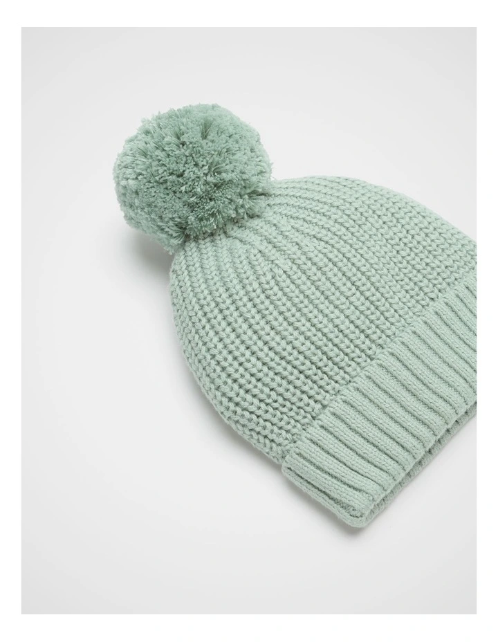 Knitted Pompom Beanie in Sage image 2