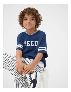 Sports Stripe Logo Tee in French Navy