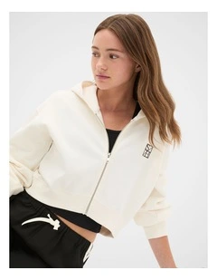 Logo Cropped Zip Hoodie in Classic Cream