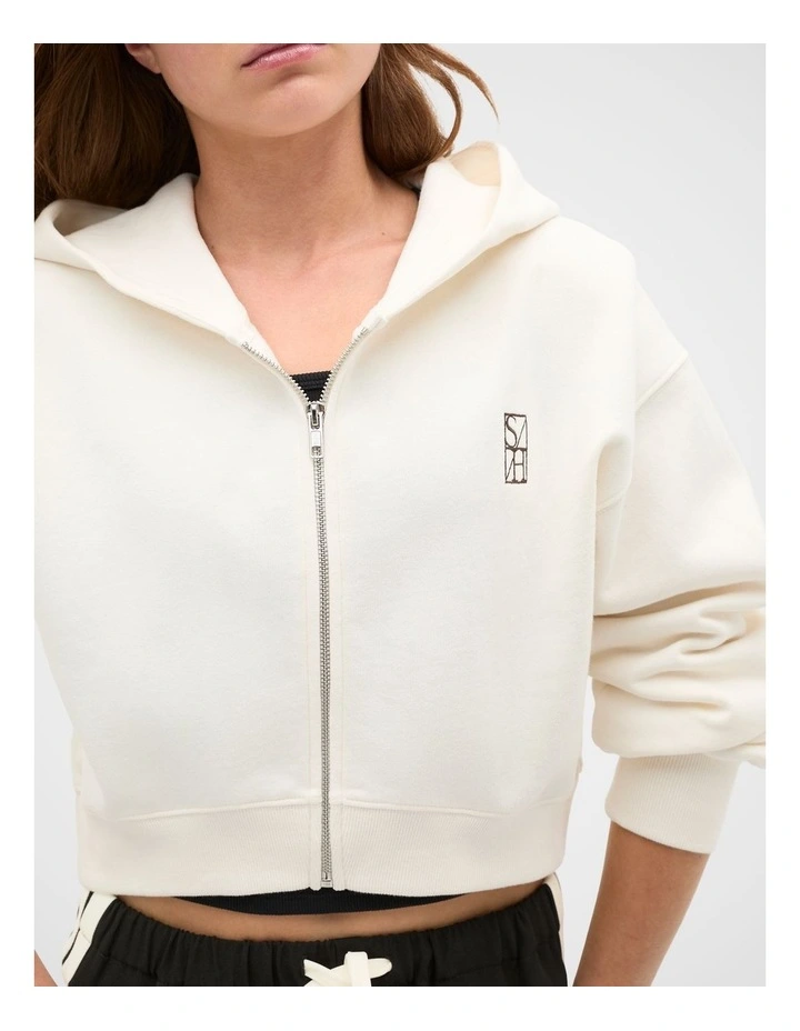 Logo Cropped Zip Hoodie in Classic Cream image 4