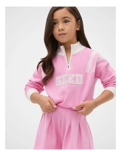 Quarter Zip Logo Sweat in Pink