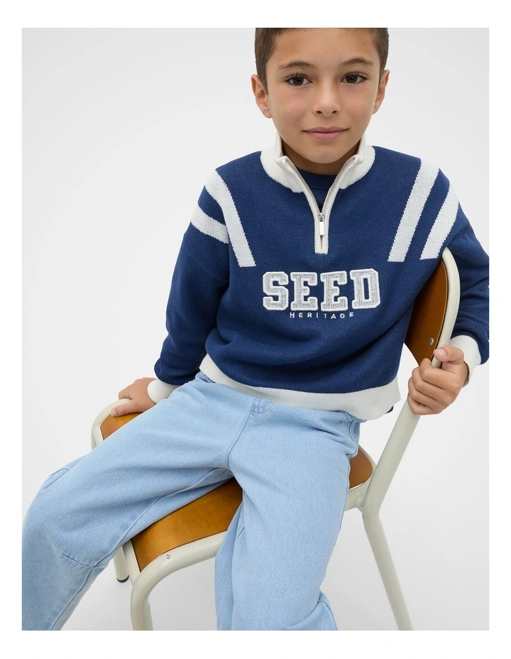 Quarter Zip Logo Knit Jumper in Blue image 3