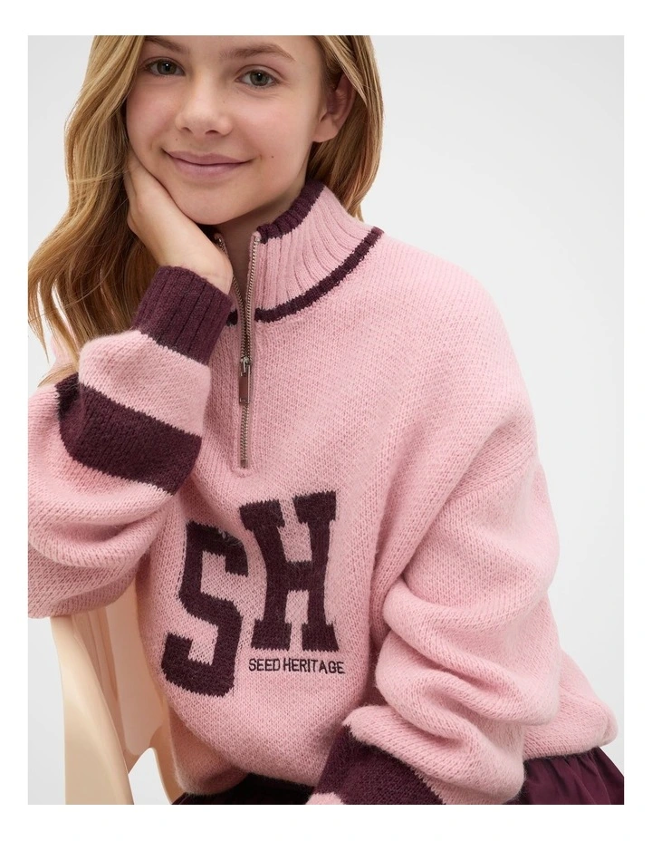 Sporty Zip Knit Jumper in Rose Pink image 3