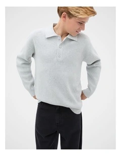 Knit Rugby Jumper in Mid Grey Marle