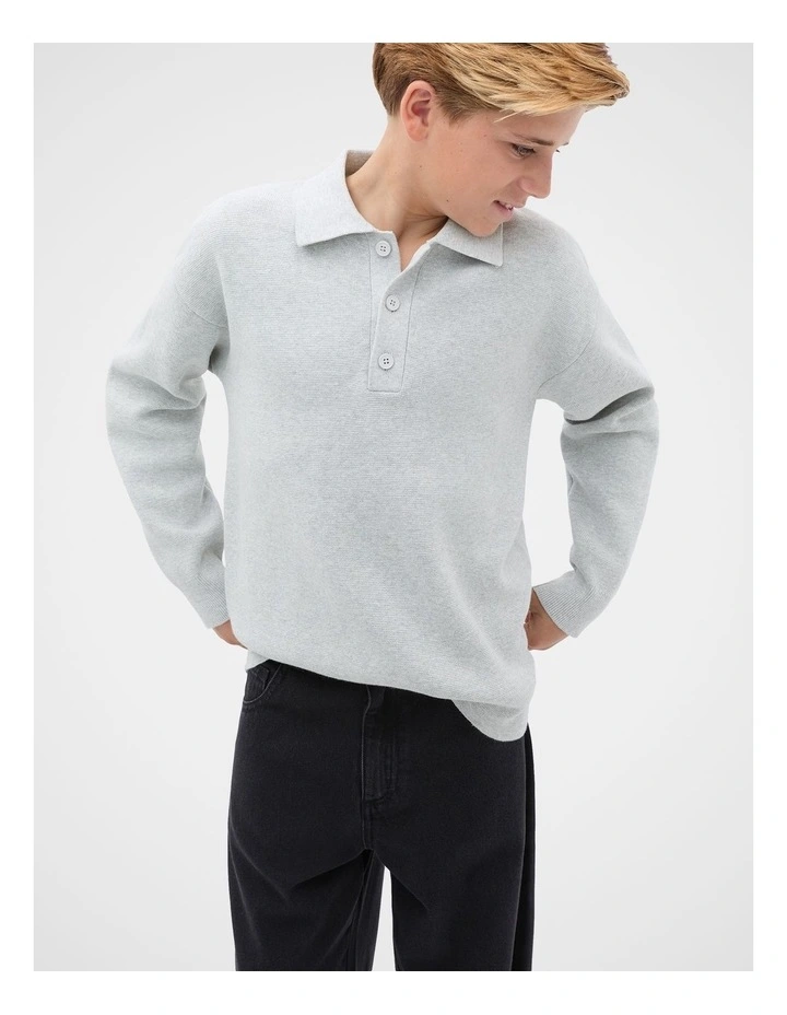 Knit Rugby Jumper in Mid Grey Marle image 1