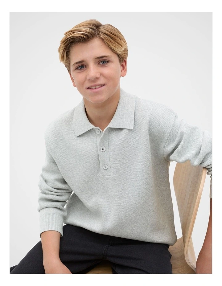 Knit Rugby Jumper in Mid Grey Marle image 4