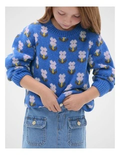 Floral Knit Sweater in Cobalt