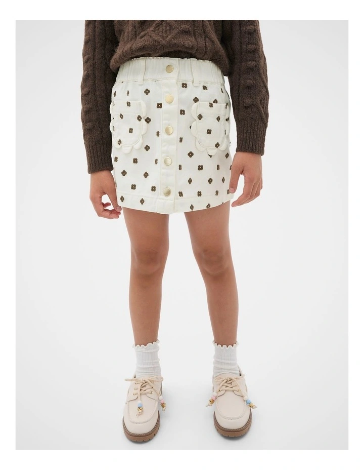 Embroidered Denim Skirt in Classic Cream image 1