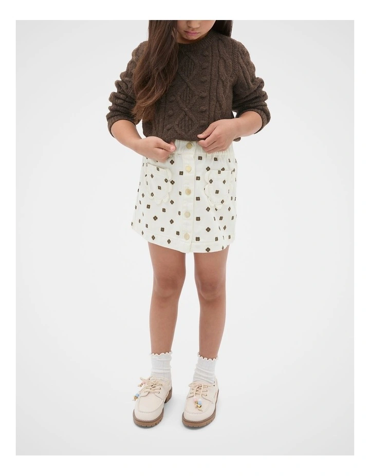 Embroidered Denim Skirt in Classic Cream image 3