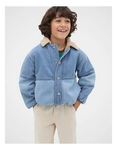 Two Tone Denim Bomber in Mid Blue