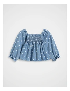 Floral Denim Top in Mid Blue