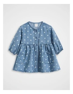 Floral Denim Dress in Mid Blue