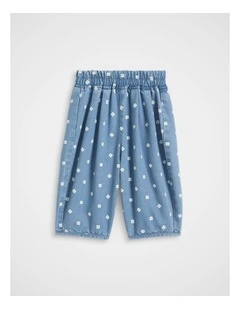 Floral Denim Balloon Pant in Mid Blue