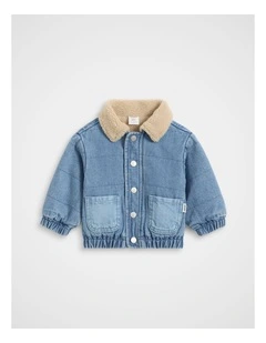 Two Tone Denim Bomber Jacket in Mid Blue